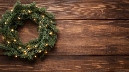 A handmade wreath made from fresh pine branches is adorned with glowing LED lights, resting beautifully on a wooden table, enhancing the festive spirit