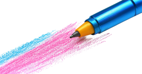 Close-Up of Colorful Metallic Pen with Blue and Pink Strokes on Transparent Background