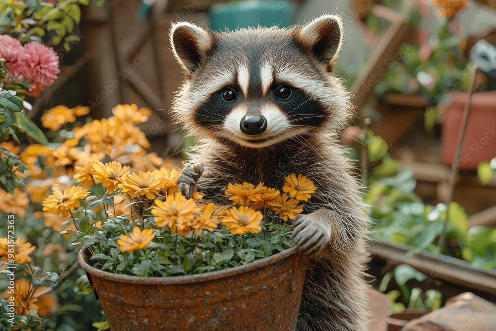 Wall mural a raccoon gardening in a backyard, planting flowers and using gardening tools, showing a hobbyist ac