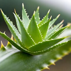 Isolated aloe vera leaf with depth of field highlighting spiky edges and soothing gel interior