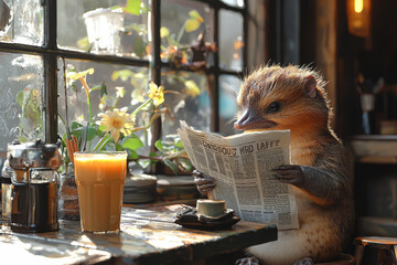 A platypus reading a newspaper at a cafe, sipping coffee and staying informed, depicting a typical morning. Concept of daily routine.