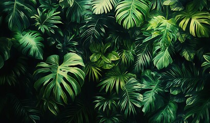 Lush Tropical Jungle Foliage With Vibrant Green Monstera Leaves and Dense Vegetation