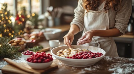 Baking Christmas breakfast in a cozy kitchen with festive aromas of cinnamon rolls and pancakes, surrounded by family and holiday cheer