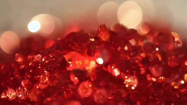 Pile of sparkling red ruby gemstones close up motion video. Red jewelry footage for luxurious background, Valentines day design element, or elegant presentation clip.