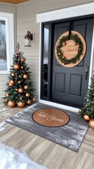 The black front door features a charming wooden wreath decorated with gold ornaments, with snow-covered pine trees flanking it, enhancing the festive winter atmosphere.