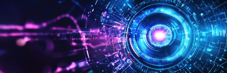 Abstract futuristic background with digital technology elements, a blue and purple color palette, and white space in the center for text or a logo Generative AI