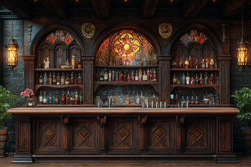 Obraz premium A home bar transformed into a medieval alehouse, with period-inspired decor and vintage barware, showcasing a historical atmosphere. Concept of enjoyment.