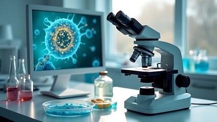 a microscope with a red vein on it and a monitor showing the test of the brain.