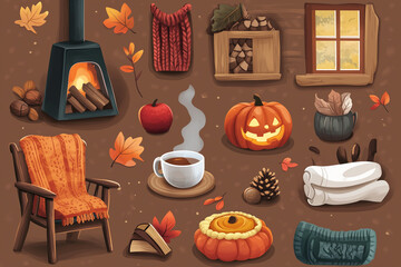 Enjoying a cozy autumn day with a warm fireplace, pumpkins, hot drink, and other fall-themed elements.