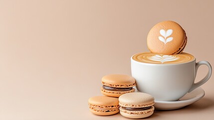 A beautifully crafted cup of coffee showcases intricate latte art, paired with a macaron and delightful pastries, all set against a soft beige backdrop.