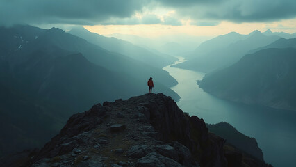 Person on a High Mountain Peak at Dawn