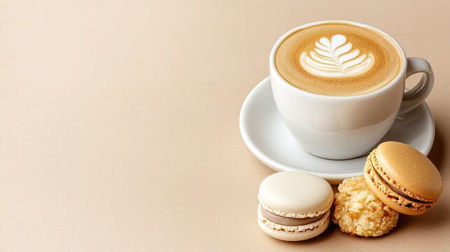 A beautifully crafted cup of coffee showcases intricate latte art, paired with a macaron and delightful pastries, all set against a soft beige backdrop.