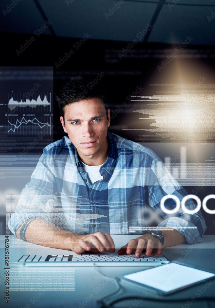 Fototapete Dark office, portrait and man with programming overlay for online data, analysis or cybersecurity in crypto trading. Software, hologram or web developer with metrics, virtual screen or network system