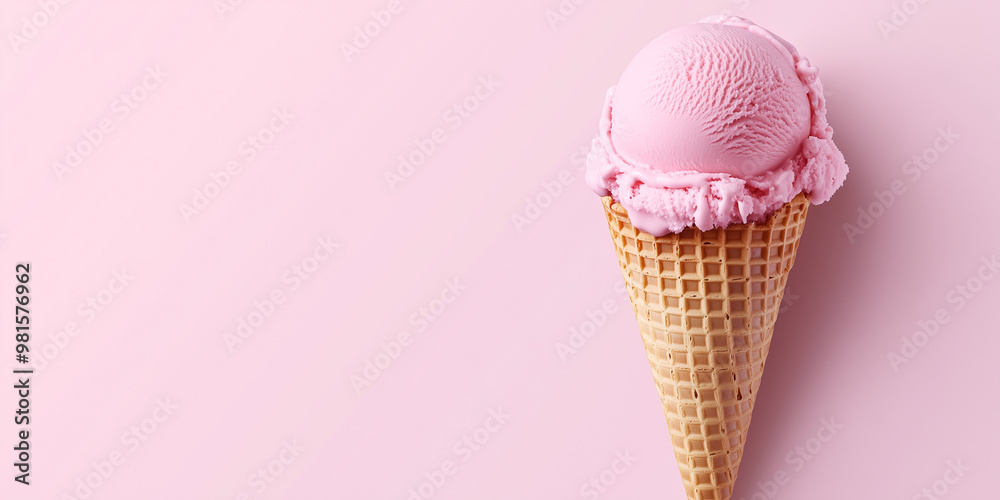 Wall mural Strawberry ice cream scoop served in a waffle cone, sweet illustration