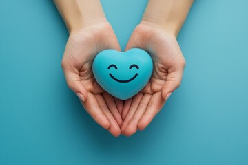 Close-up of hands gently holding a blue heart with a smiley face on a pastel blue background, offering a sense of happiness and warmth, perfect for mental health awareness and positivity