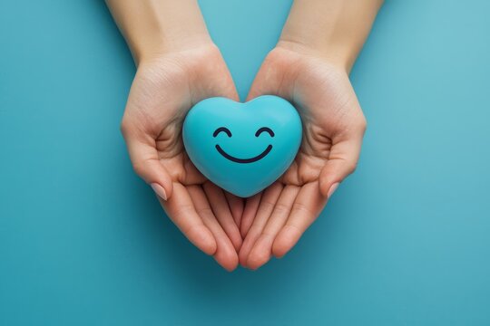 Close-up of hands gently holding a blue heart with a smiley face on a pastel blue background, offering a sense of happiness and warmth, perfect for mental health awareness and positivity