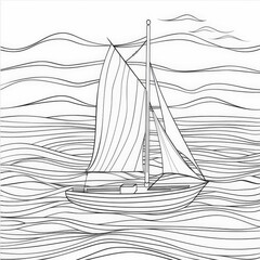 coloring page, simple minimalist sailboat, waves