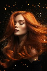 Beautiful woman with long, flowing red hair, with golden glitter floating around her. Black background.