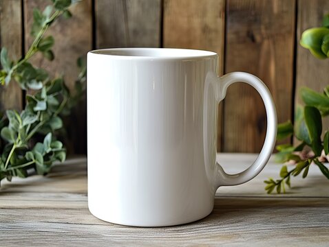A plain white ceramic coffee mug with a smooth, glossy finish, standing on a wooden table.