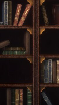 Moving shelves with old books. Seamless Looping vertical background