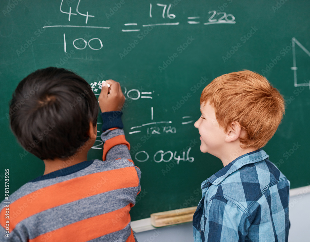 Poster boys, writing and mathematics with chalkboard in classroom for education, learning or problem solvin