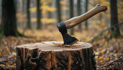 a wooden, iron axe stuck in a stump against the background of a forest. The woodcutter's axe