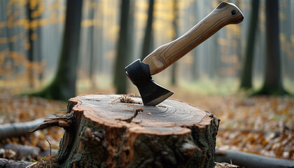 a wooden, iron axe stuck in a stump against the background of a forest. The woodcutter's axe