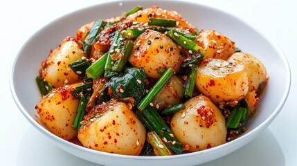 This dish features traditional Korean kimchi prepared with fresh scallions, highlighting its rich flavors and vibrant colors in a detailed close-up view