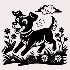 Obraz premium Cartoon-style black dog joyfully running through flowers in a playful and vibrant scene