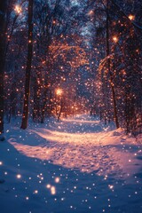 A serene winter pathway through snow-covered trees at sunset in a tranquil forest setting