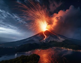 A volcanic eruption causes lightning storm at night.