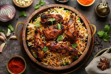 Delicious Spicy Chicken Biryani with Aromatic Herbs and Spices in Rustic Bowls