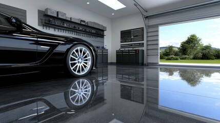 This contemporary garage features a shiny concrete floor reflecting a stylish car, with neatly arranged tools enhancing the professional ambiance of the space