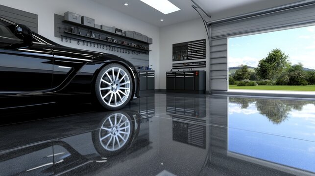This contemporary garage features a shiny concrete floor reflecting a stylish car, with neatly arranged tools enhancing the professional ambiance of the space