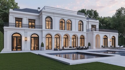 A stunning modern neoclassical villa features large windows, arched doors, and a pool surrounded by outdoor seating, set amidst lush greenery in Dubai's upscale area