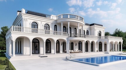 Naklejka premium A stunning modern neoclassical villa features large windows, arched doors, and a pool surrounded by outdoor seating, set amidst lush greenery in Dubai's upscale area