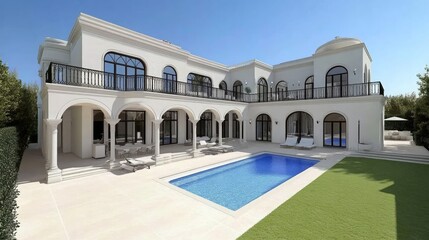 A stunning modern neoclassical villa features large windows, arched doors, and a pool surrounded by outdoor seating, set amidst lush greenery in Dubai's upscale area