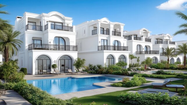 A stunning modern neoclassical villa features large windows, arched doors, and a pool surrounded by outdoor seating, set amidst lush greenery in Dubai's upscale area