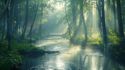Obraz premium Tranquil sunlit forest with river, picturesque nature scenery and serene landscape view