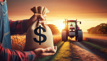 Hand Holding Money Bag with Tractor in Agricultural Field