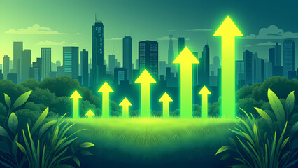 Stylized Cityscape with Green Arrows