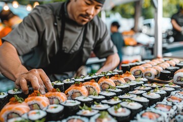 Smiling Sushi Chef in Uniform at Vibrant Sushi Display Bar