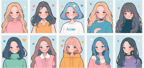 A set of cute anime girls illustrations in various clothes doing different activities with different expressions. Stickers or badges