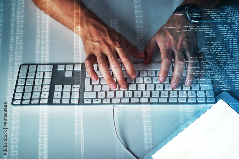 Poster typing, keyboard and hands of man with overlay for online data, analysis and cybersecurity for crypt