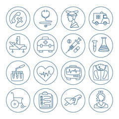 Set medical and healthcare icons in a circle. Doctor, medicine, hospital, treatment, healthcare and much more. Can be used for website design and development, as well as for printing and presentation.