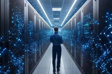 A professional assessing digital transformation systems in a modern data center focused on improving efficiency and upgrading PCs during a project evaluation