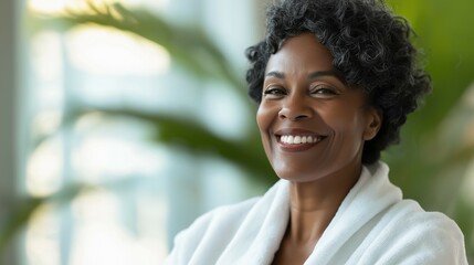 Georgeous cheerful middle aged african american woman wearing bathrobe at spa salon or hotel relax zone