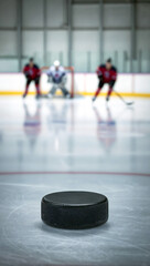 A Hockey Puck in focus in the foreground of an Ice Rink with player figures in the background with a net, Vertical Portrait in 9:16 Ratio