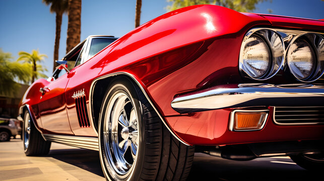 Fototapeta Stunning High Definition Image of a Glossy Red Vintage Muscle Car Bathed in Sunlight
