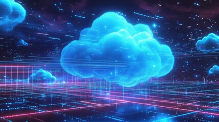 A glowing blue digital cloud floats above a neon grid, surrounded by futuristic lights and data streams in a cyberpunk landscape.

